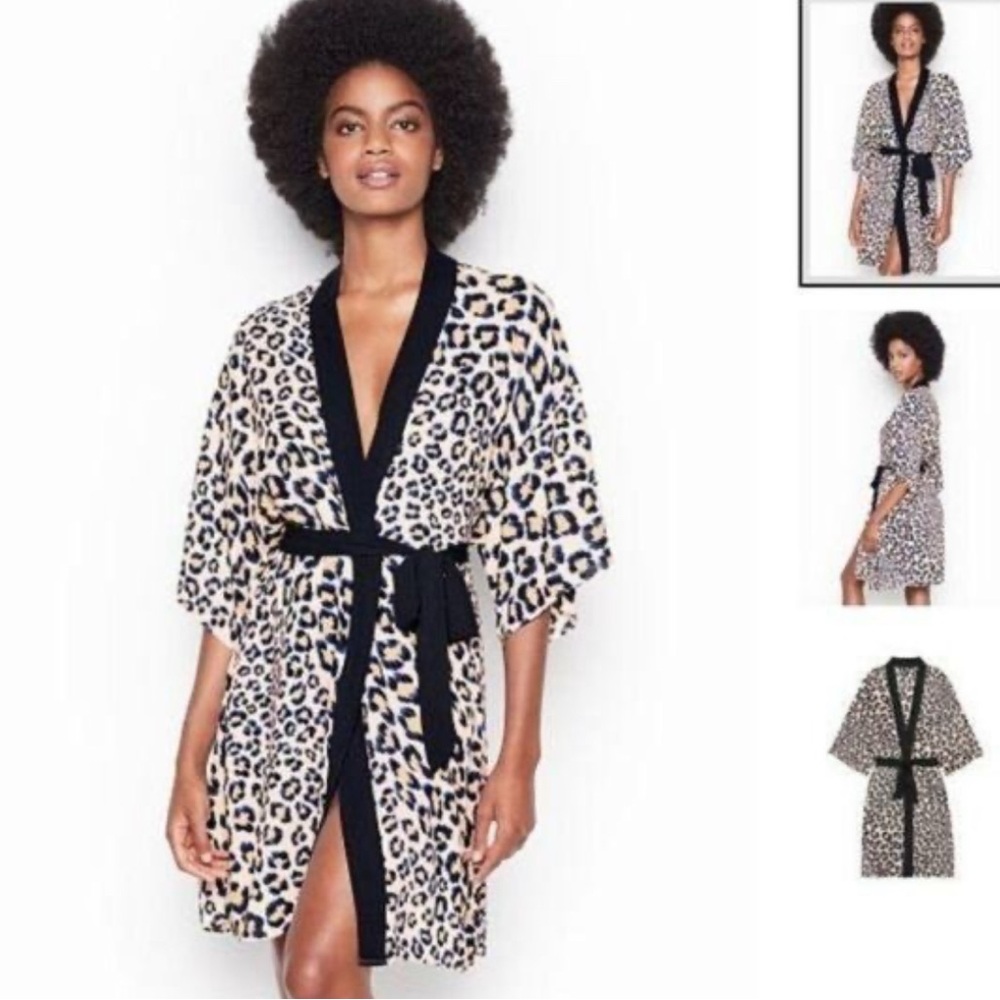 Victoria's Secret Gray Leopard Print Robe with Black Accents